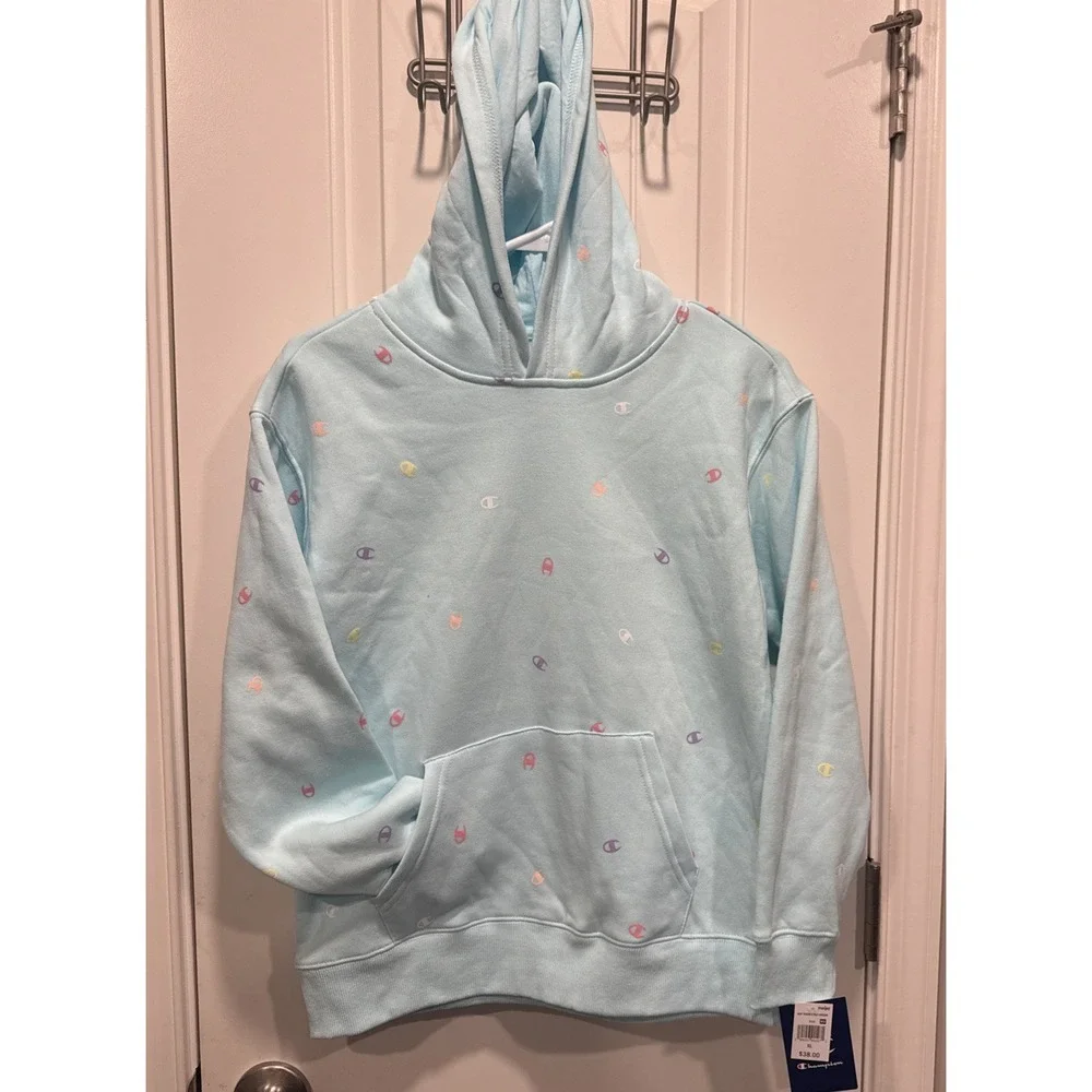 Champion youth Blue Pullover Hoodie Allover Logo Drawstring Pockets Size XL NWT